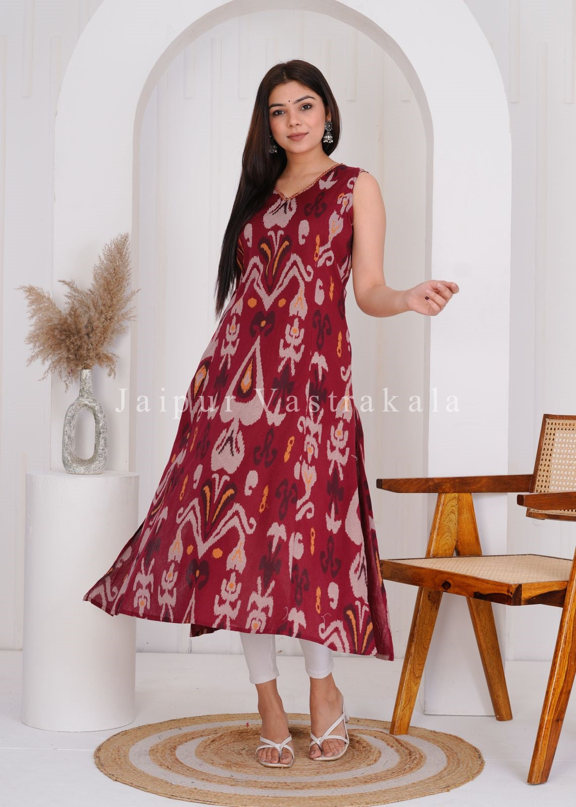 Maroon Ikkat Sleeveless Cotton Flex Kurti