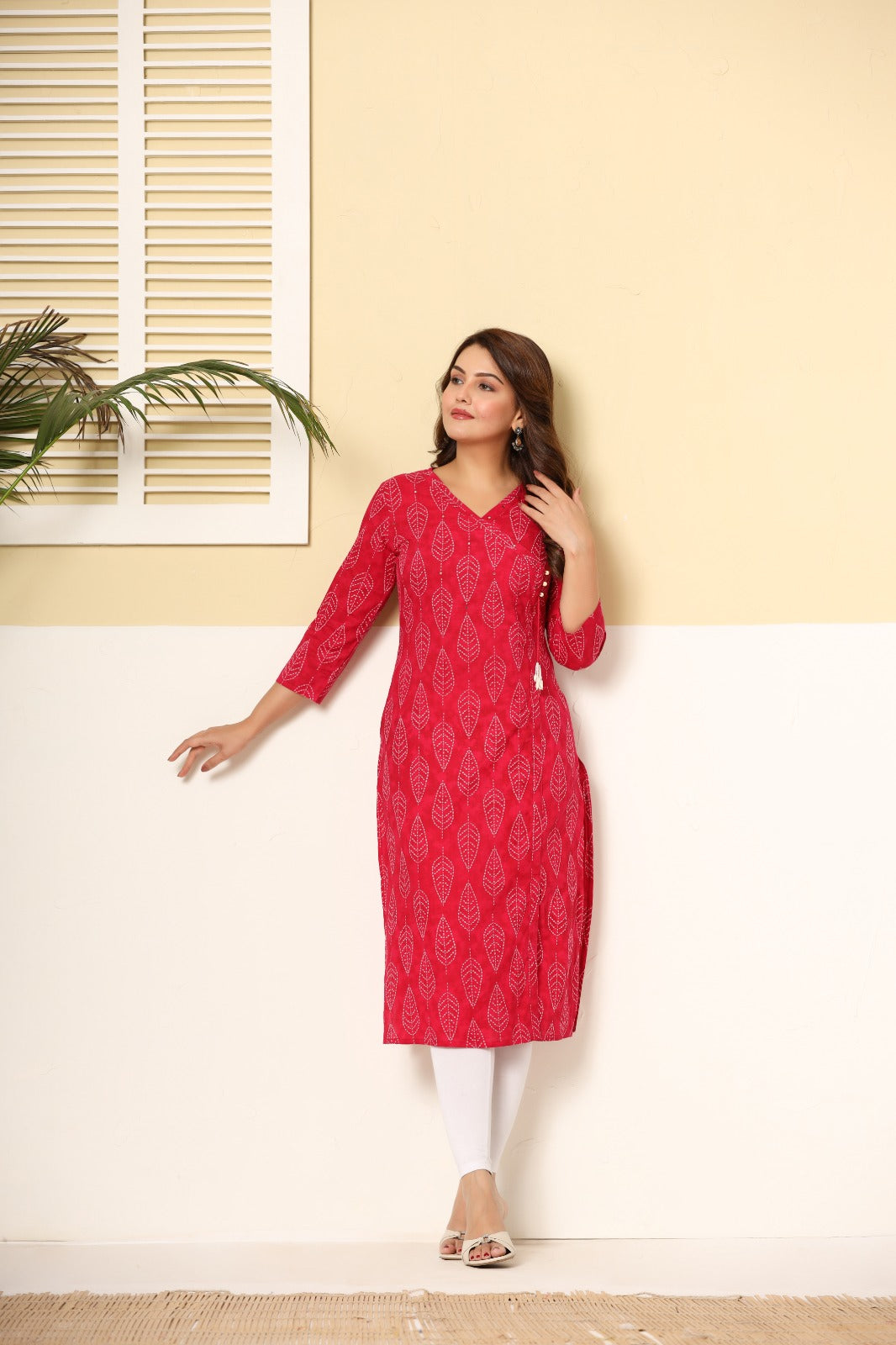 Pink Leaf Vein Angrakha Kurti