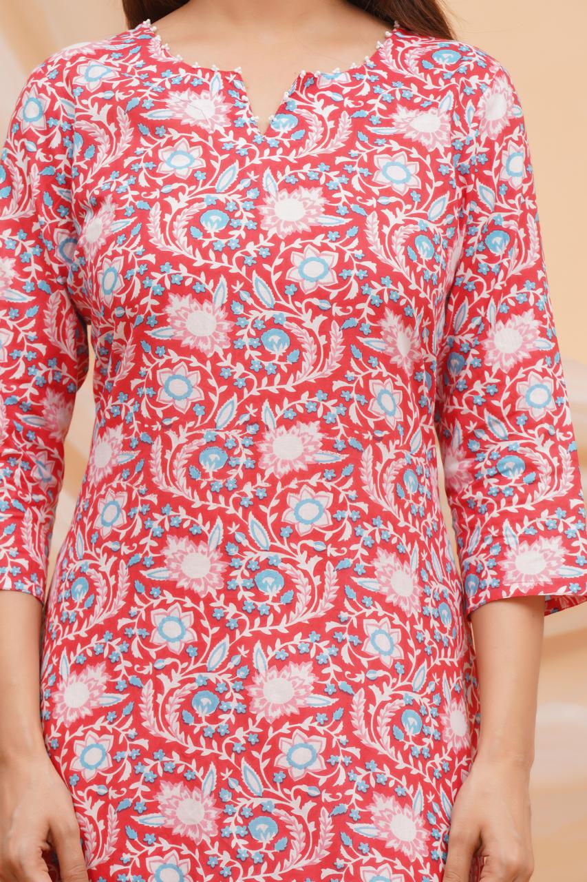 Rosy Red Vines Mirror Embroidery Kurti
