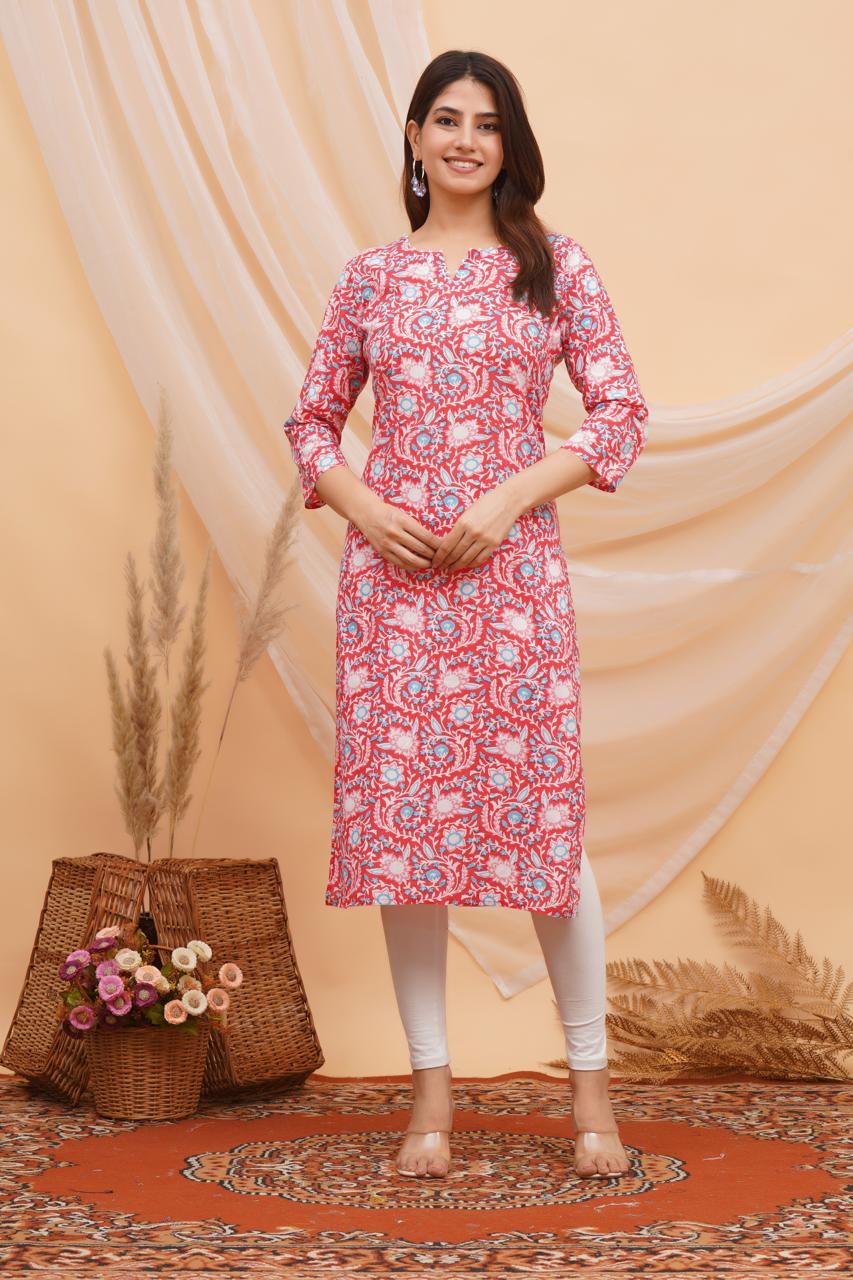 Rosy Red Vines Mirror Embroidery Kurti