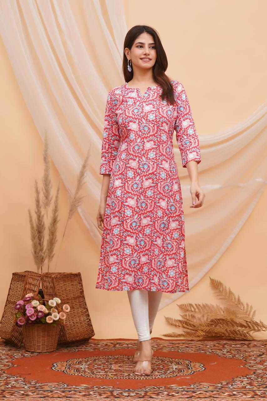 Rosy Red Vines Mirror Embroidery Kurti