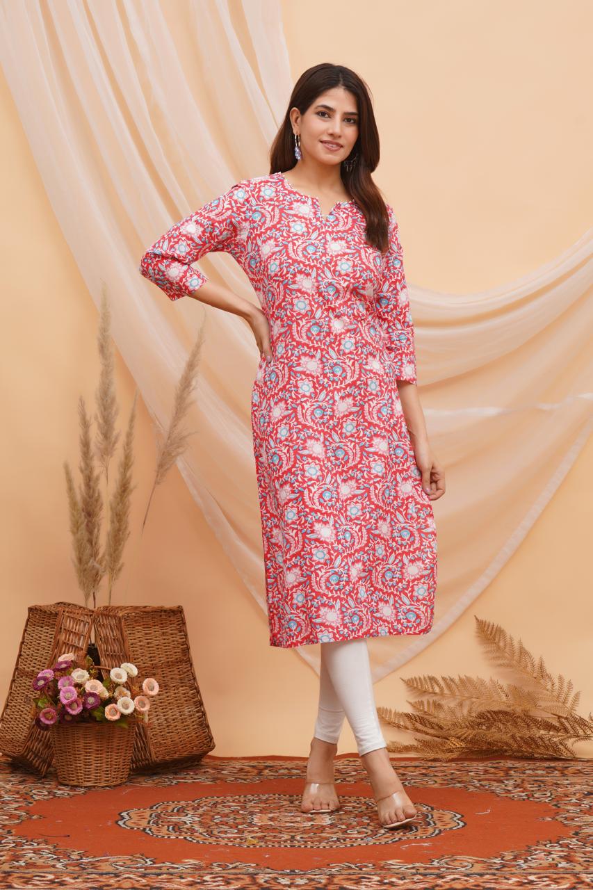 Rosy Red Vines Mirror Embroidery Kurti