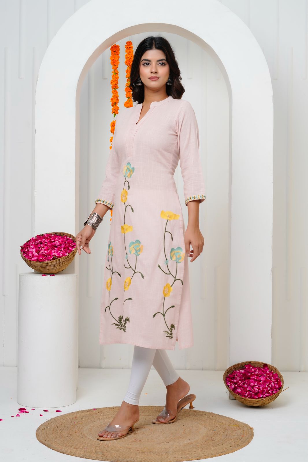 Soft Coral Embroidery Cotton Linen Kurti