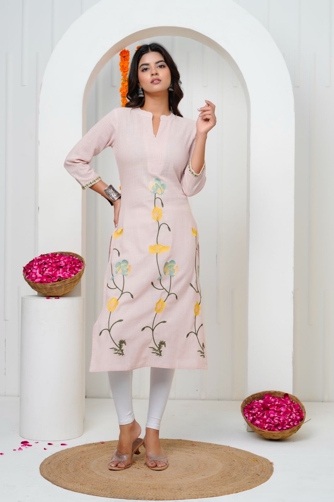 Soft Coral Embroidery Cotton Linen Kurti