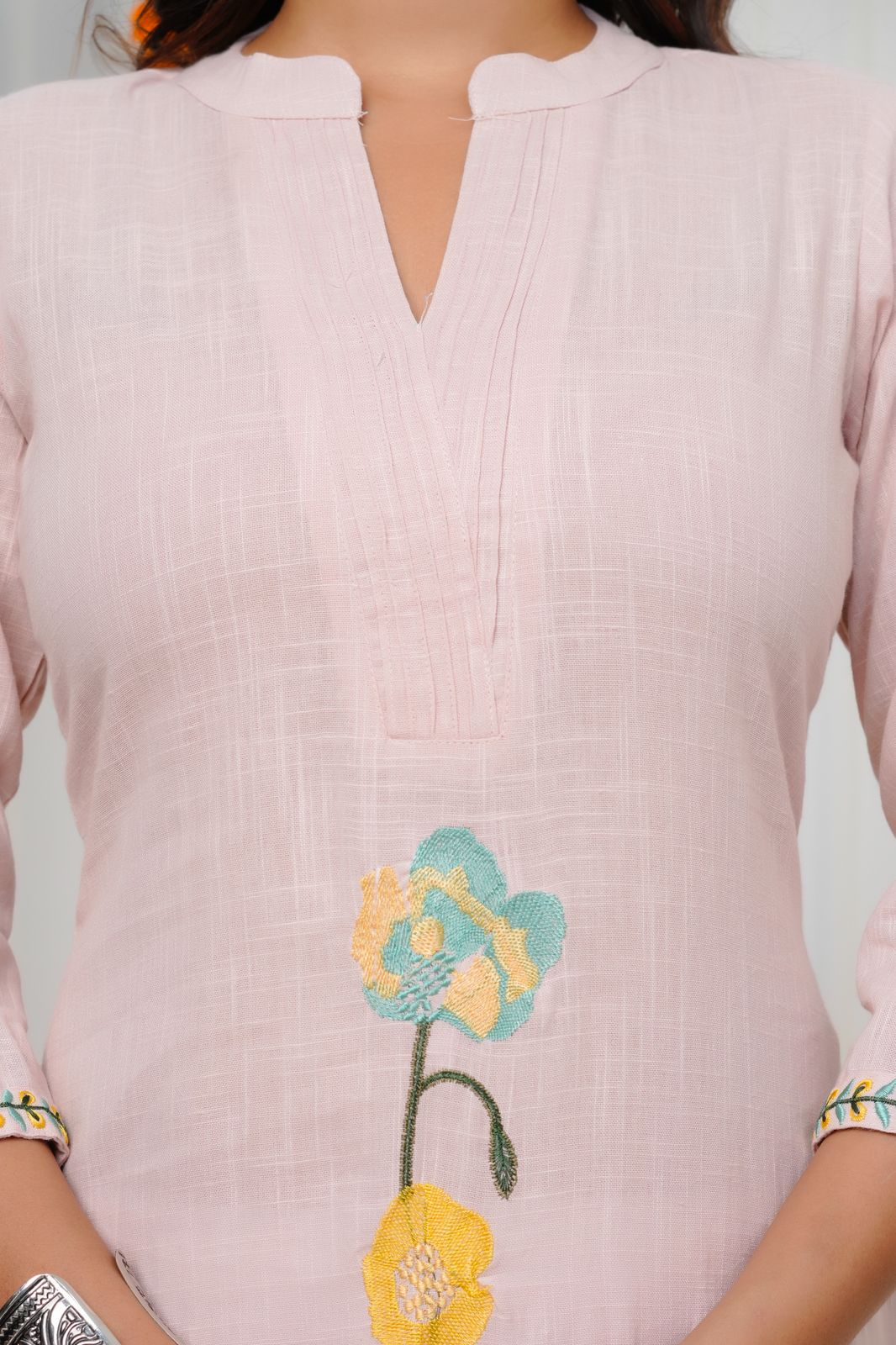 Soft Coral Embroidery Cotton Linen Kurti