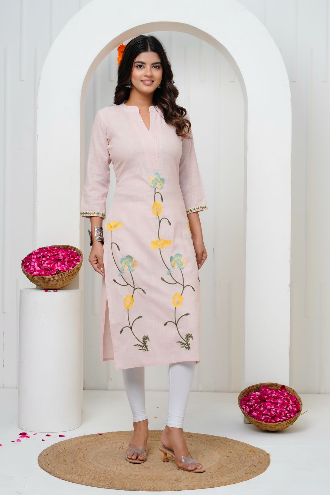 Soft Coral Embroidery Cotton Linen Kurti