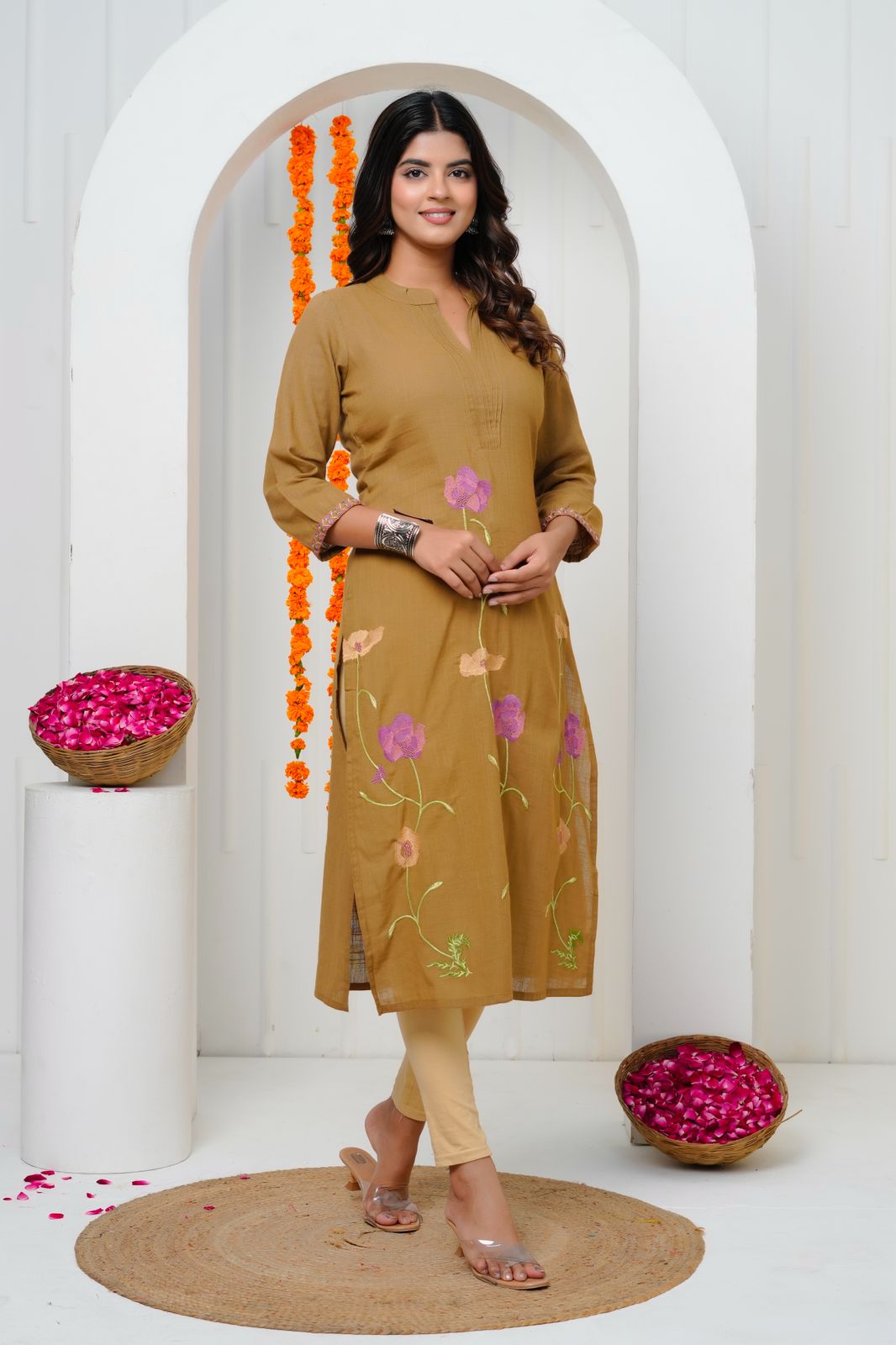 Brown Embroidery Cotton Linen Kurti