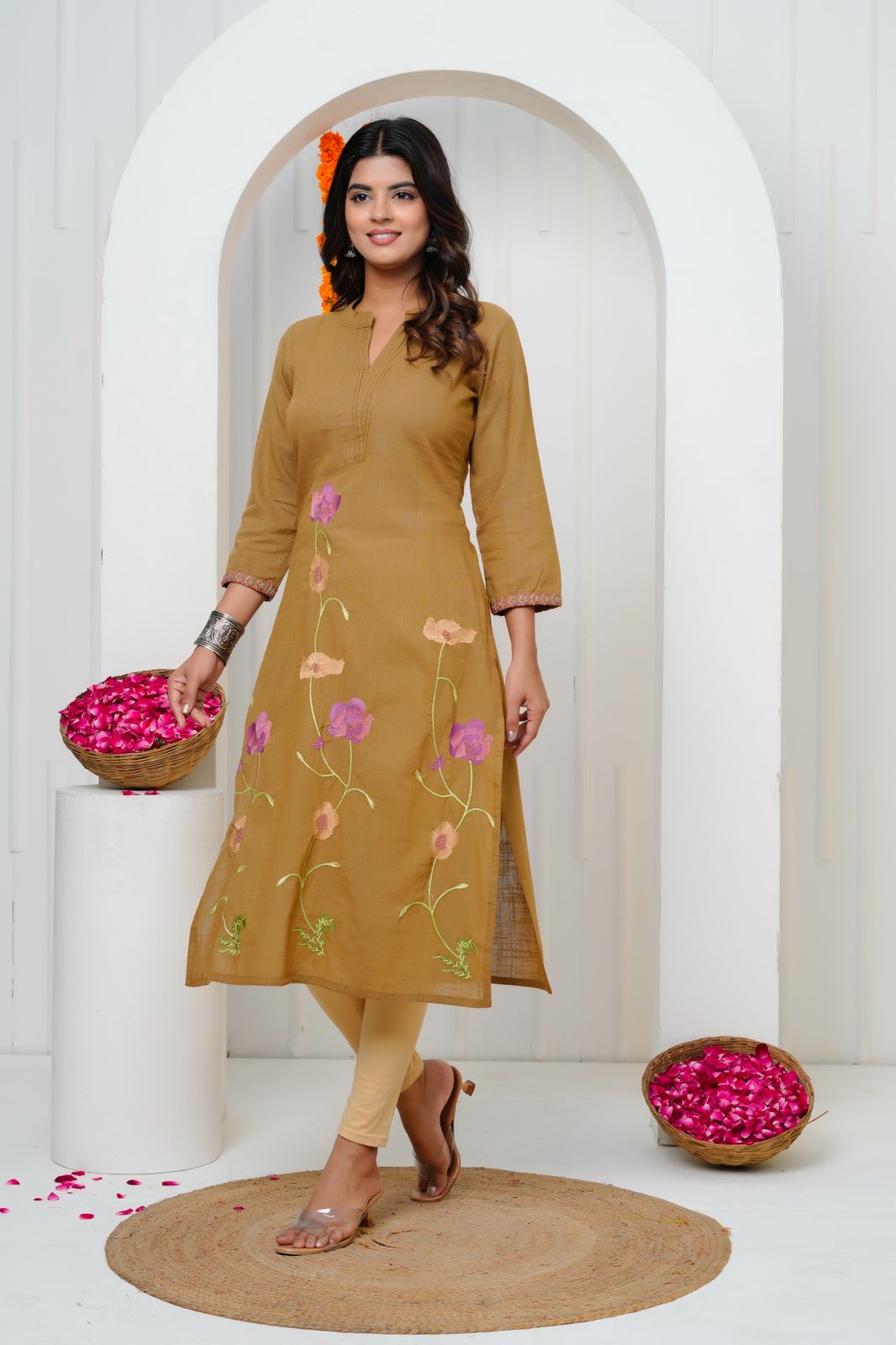 Brown Embroidery Cotton Linen Kurti