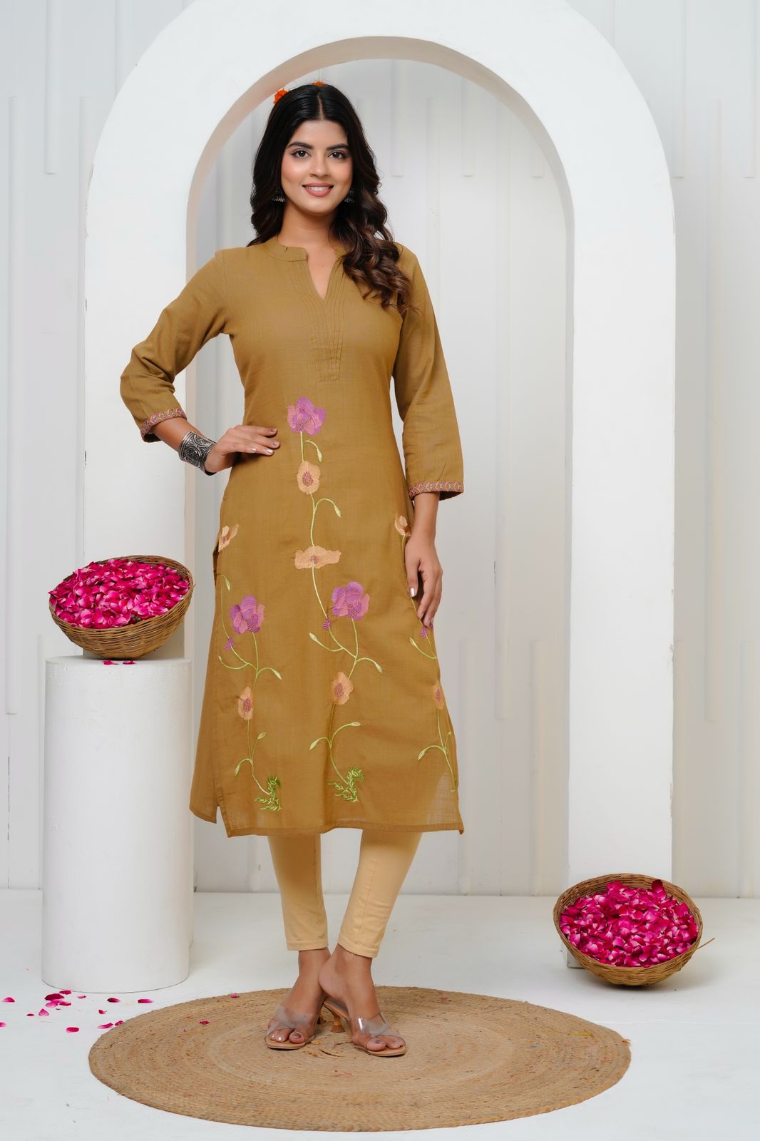 Brown Embroidery Cotton Linen Kurti