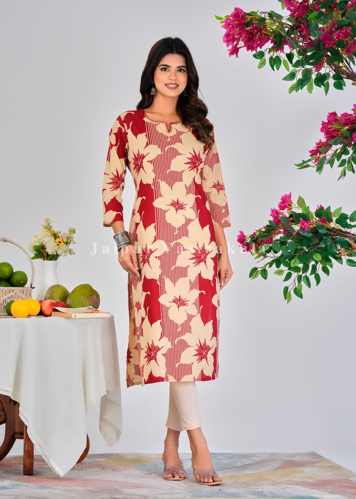 Red Blooms Cotton Kurti