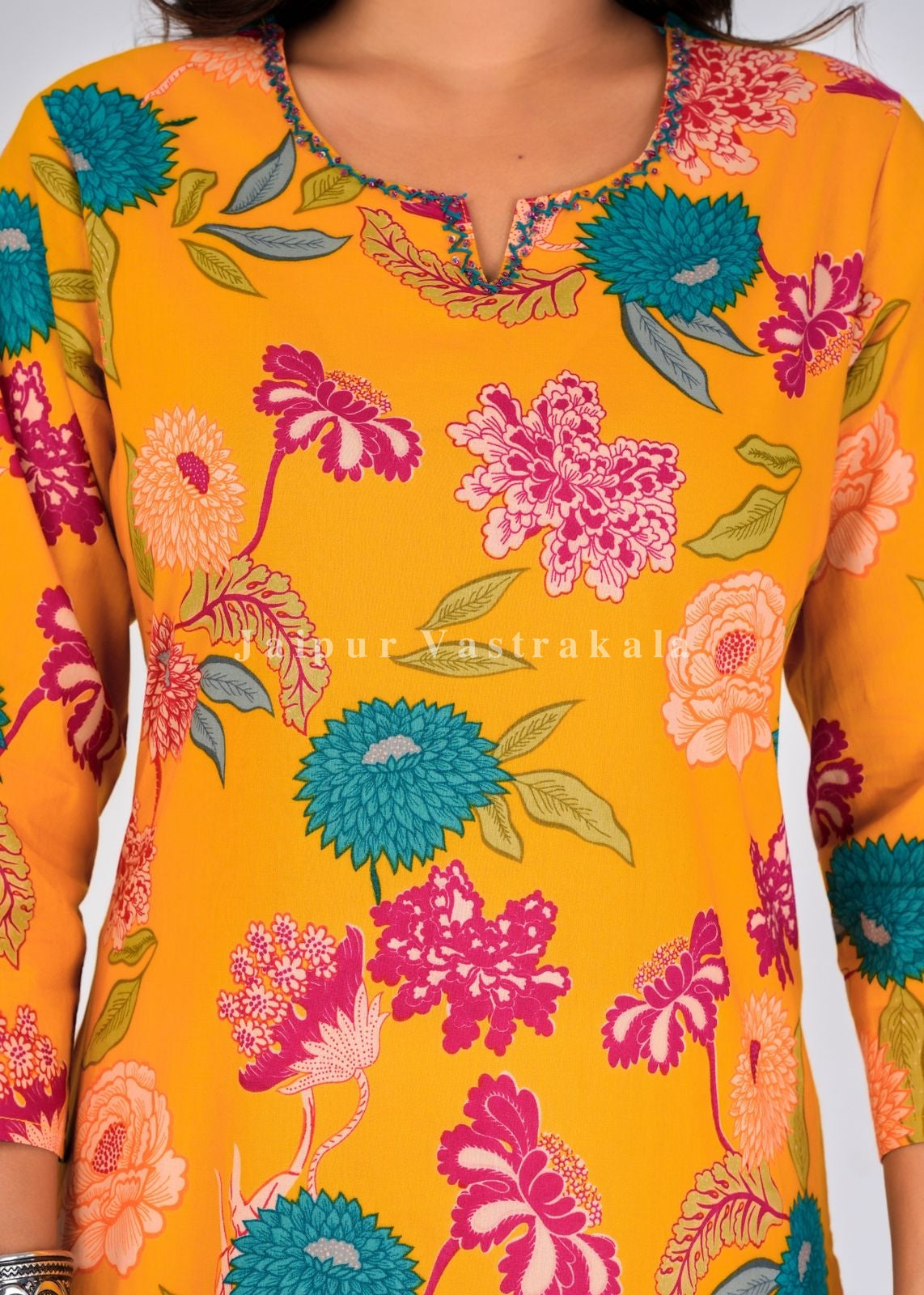 Yellow Radiant Flowers Cotton Kurti