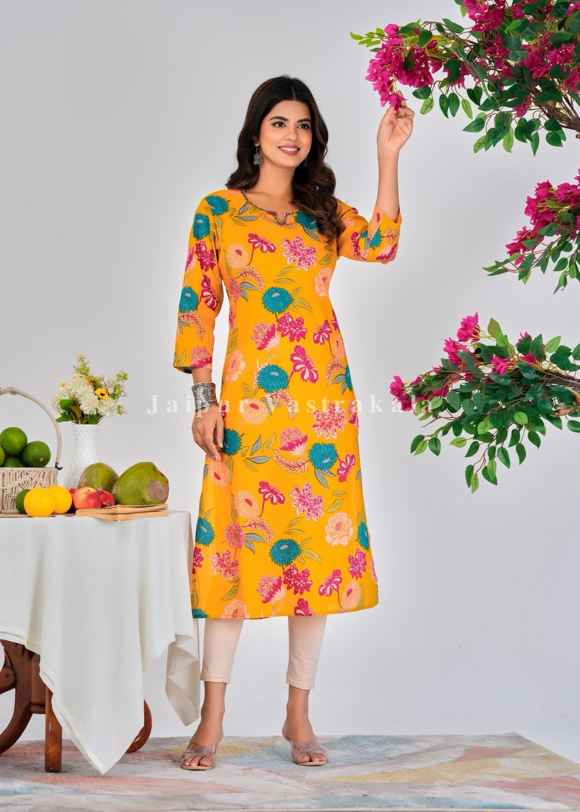 Yellow Radiant Flowers Cotton Kurti