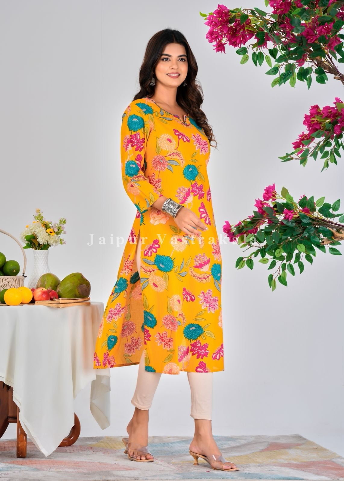 Yellow Radiant Flowers Cotton Kurti