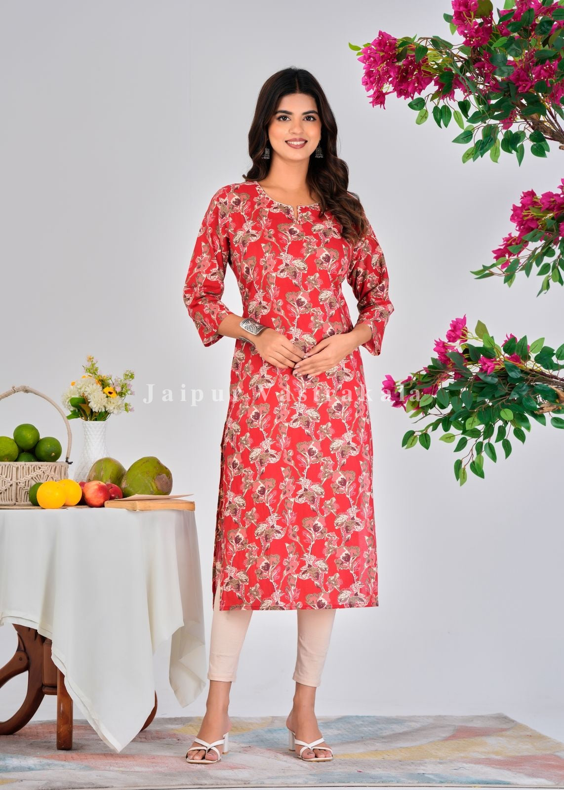Red Petals Cotton Kurti