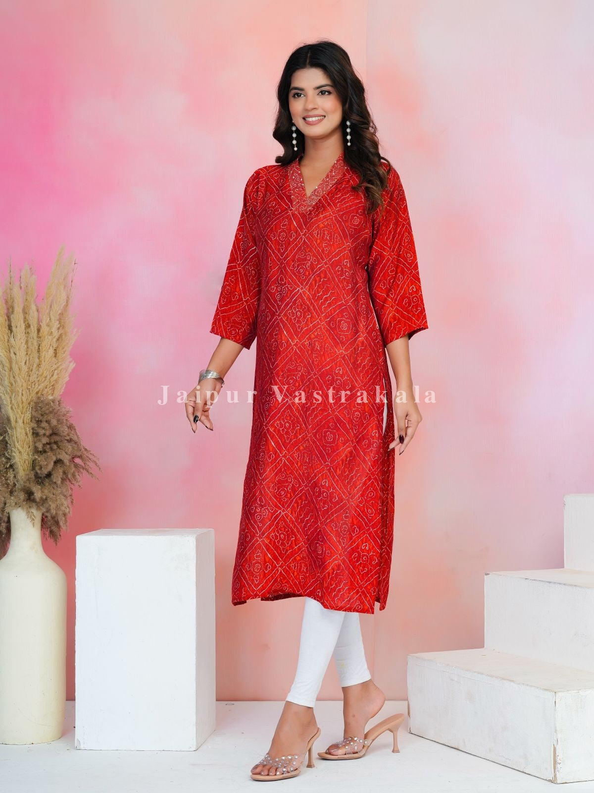 Red Bandhej Festive Muslin Kurti