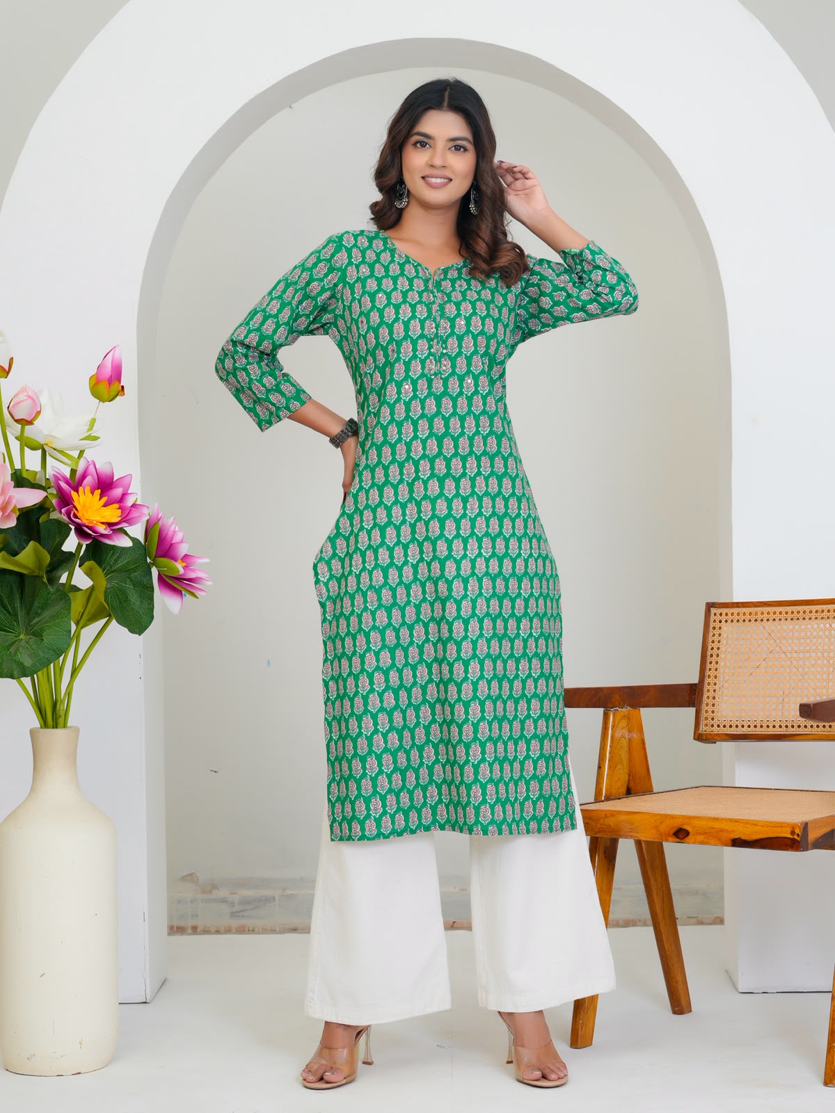 Green Booti Cotton Embroidery Kurti