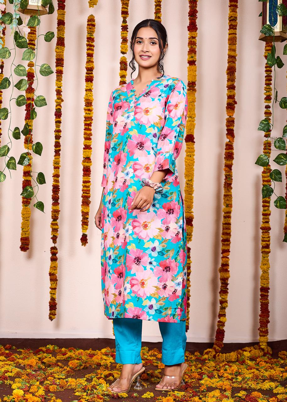 Aqua Blooms Cotton Flex Kurti