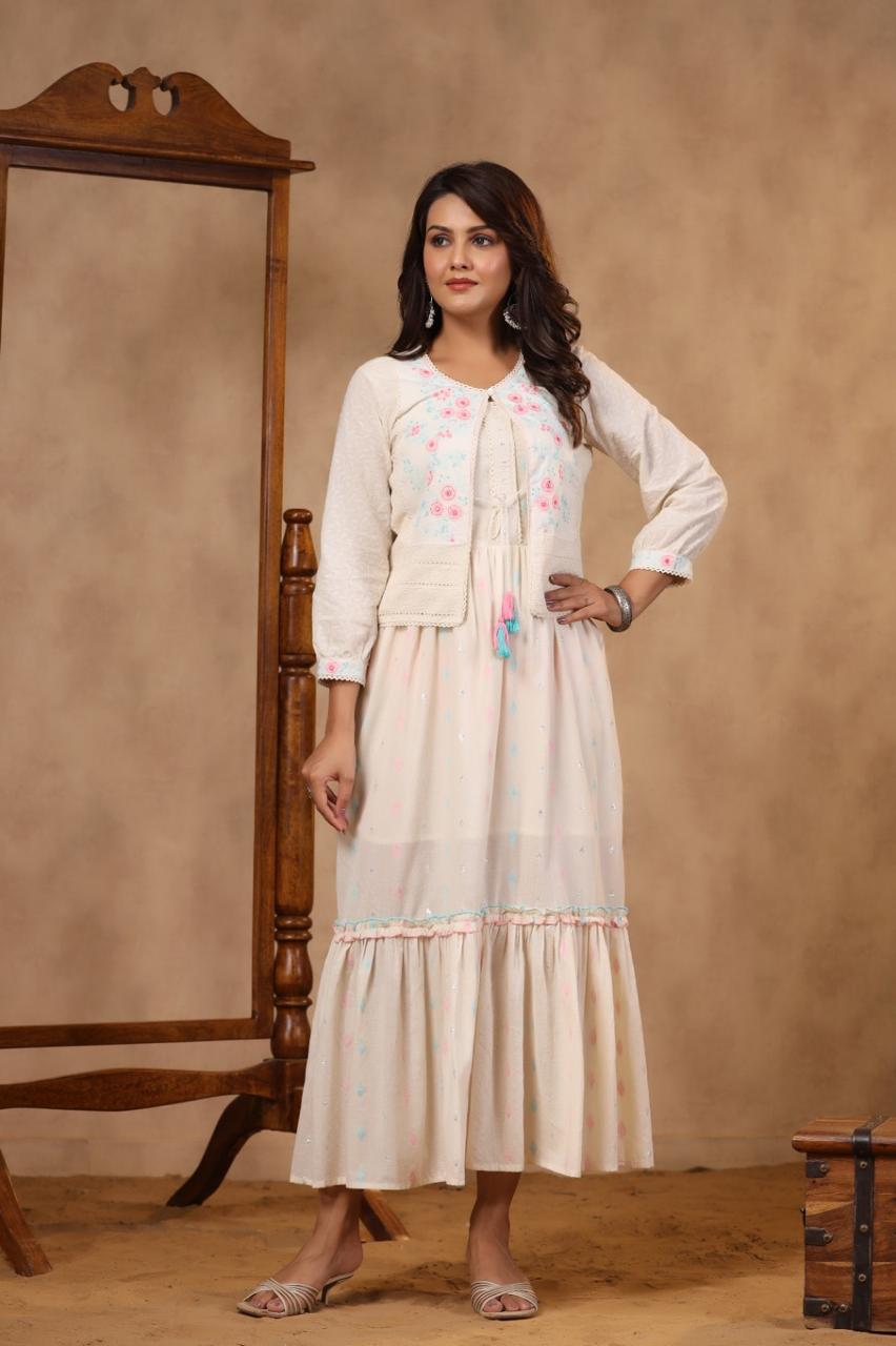 Ivory Cotton Dress with Schiffli Jacket jaipurvastrakala Ivory Cotton Dress with Schiffli Jacket jaipurvastrakala