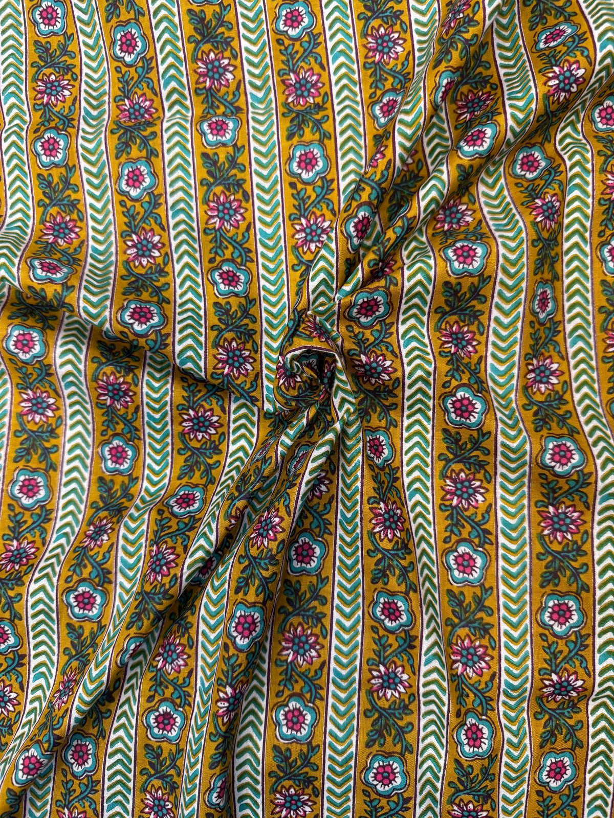 Mustard Border Stripes Cotton Fabric