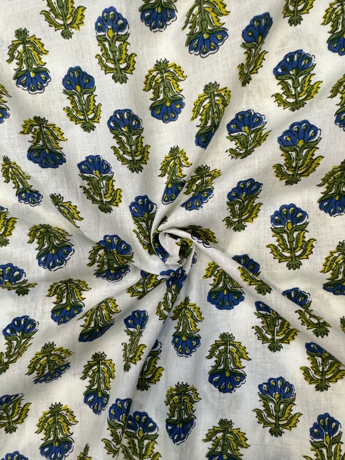 White Blue Booti Cotton Fabric