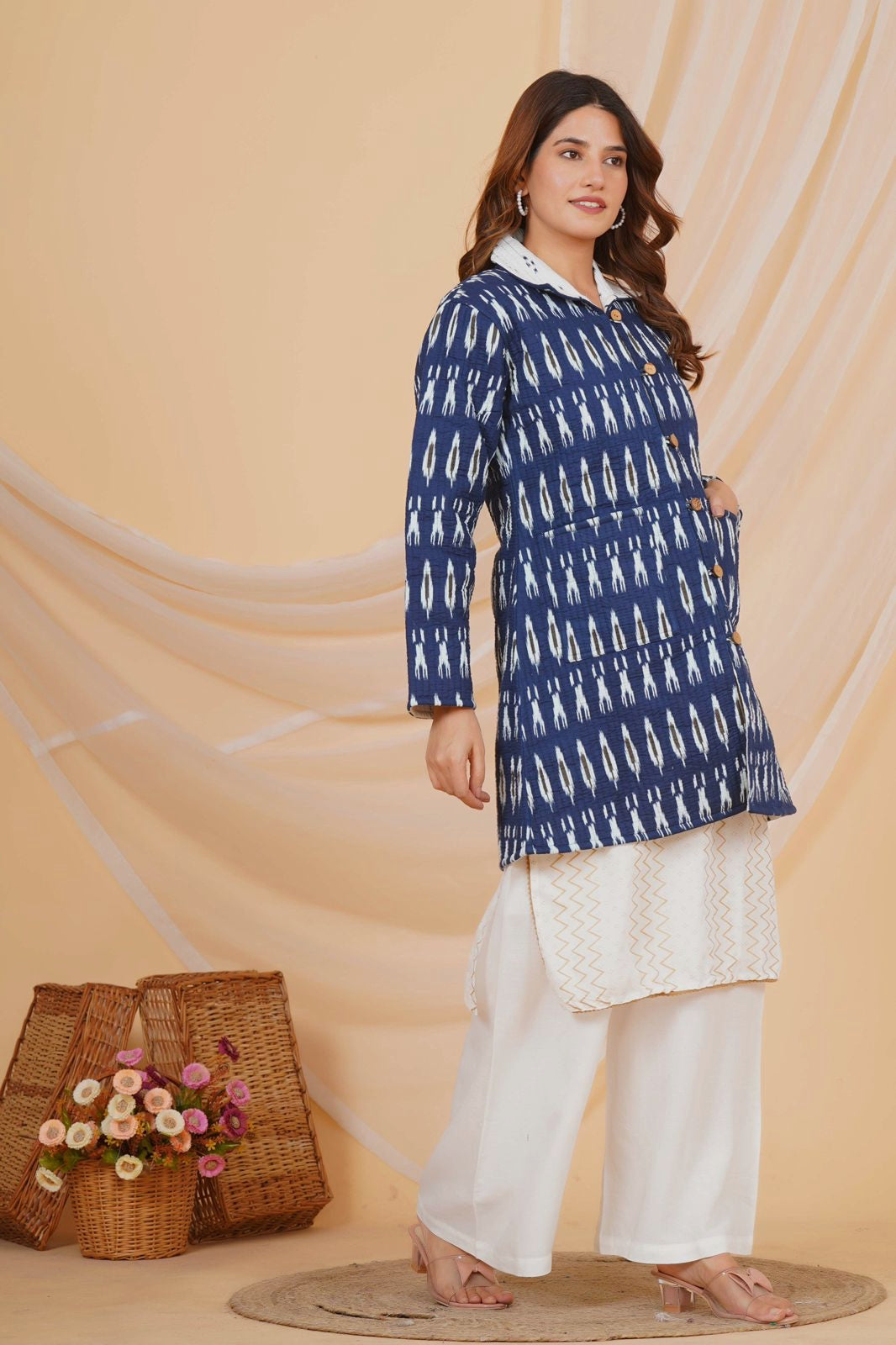 Blue Ikkat Reversible Collar Jacket
