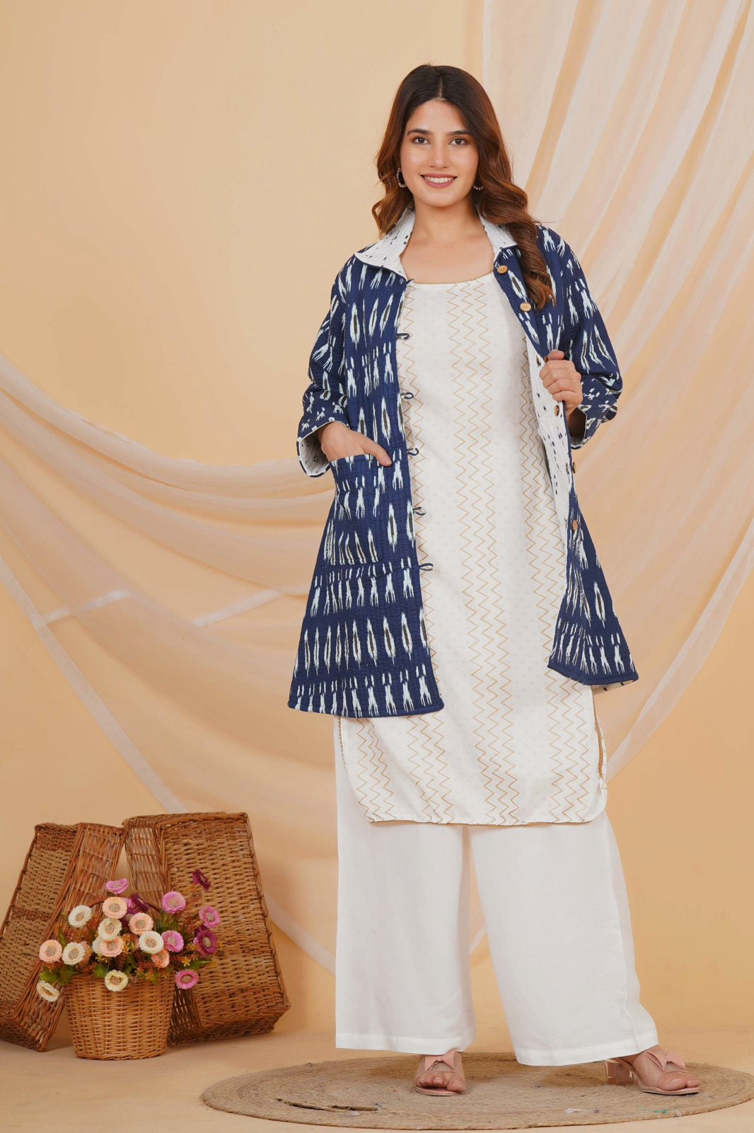 Blue Ikkat Reversible Collar Jacket