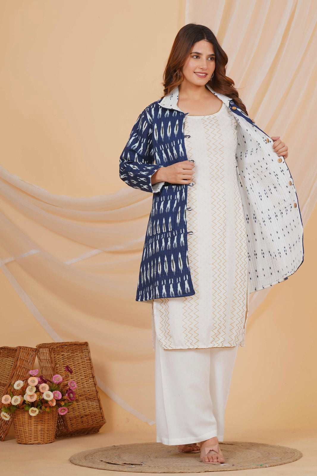 Blue Ikkat Reversible Collar Jacket