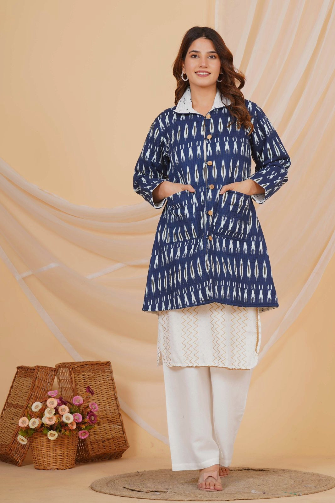 Blue Ikkat Reversible Collar Jacket