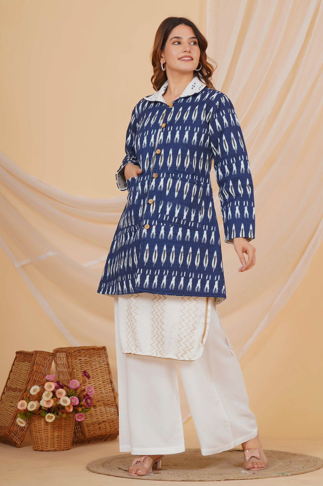 Blue Ikkat Reversible Collar Jacket