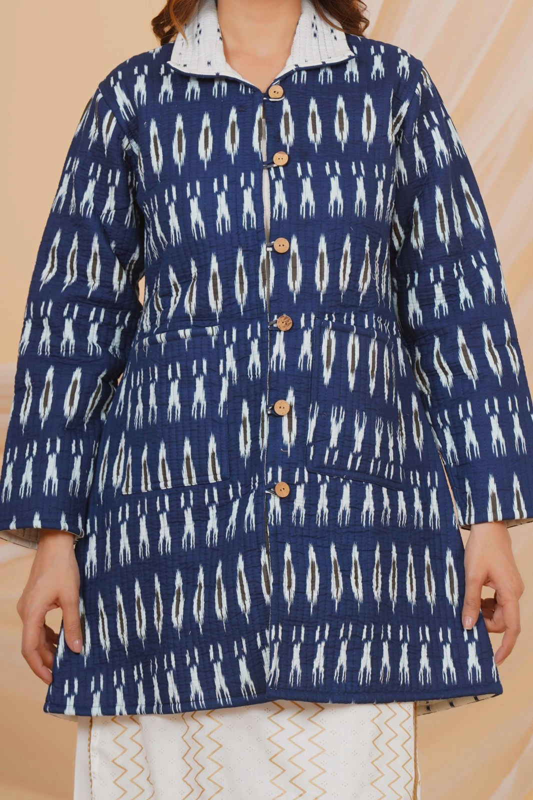 Blue Ikkat Reversible Collar Jacket