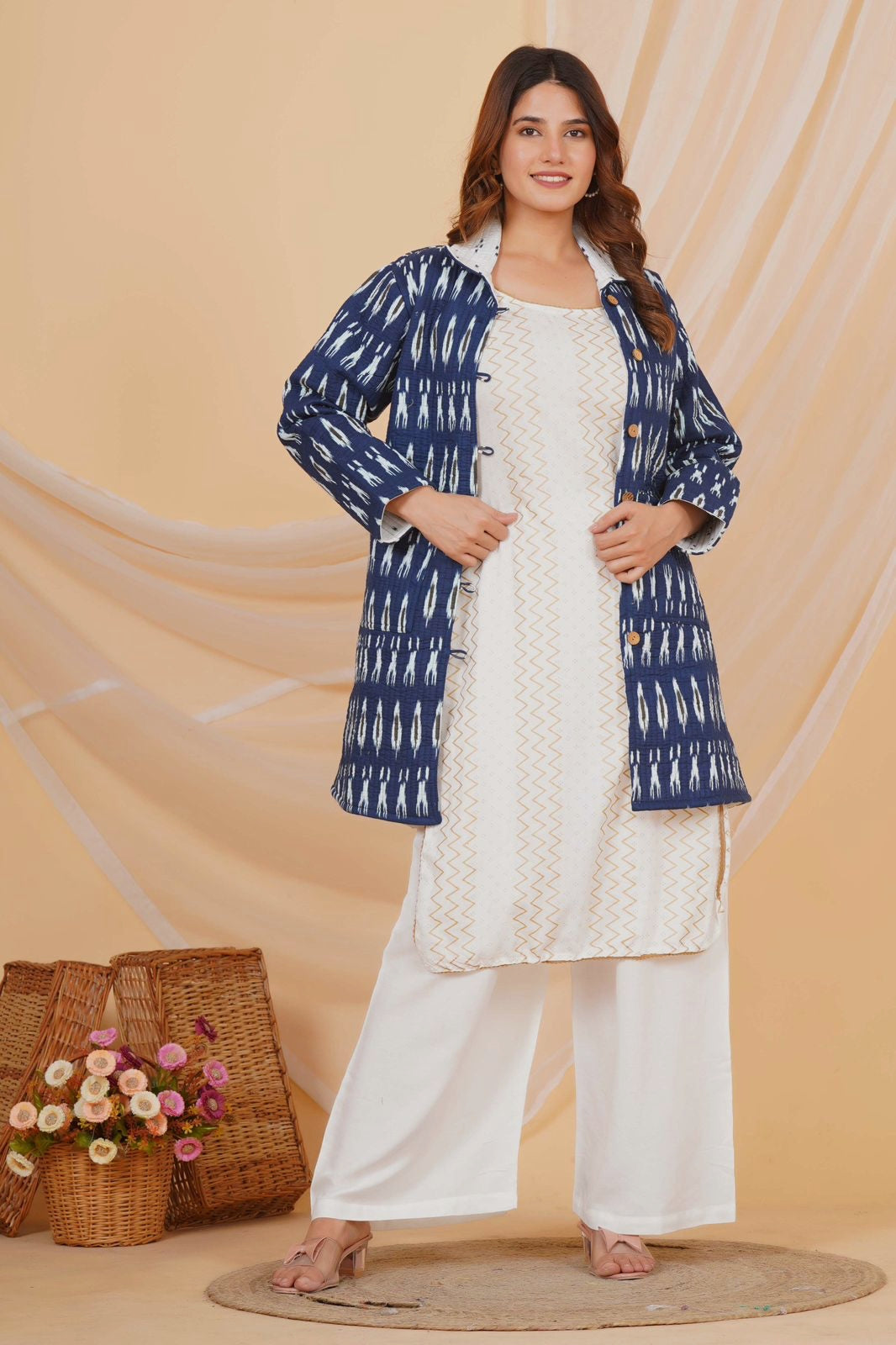Blue Ikkat Reversible Collar Jacket