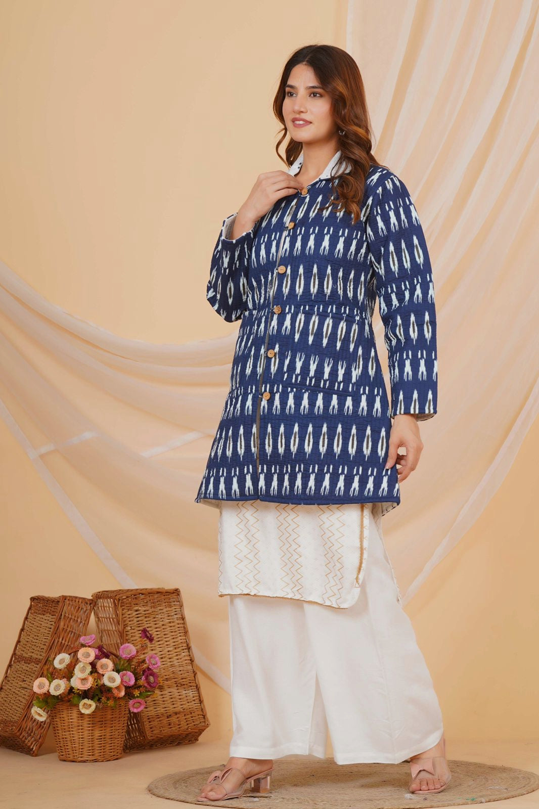 Blue Ikkat Reversible Collar Jacket