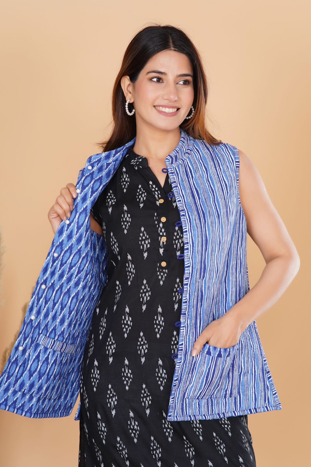 Blue Ikkat Reversible Half Jacket