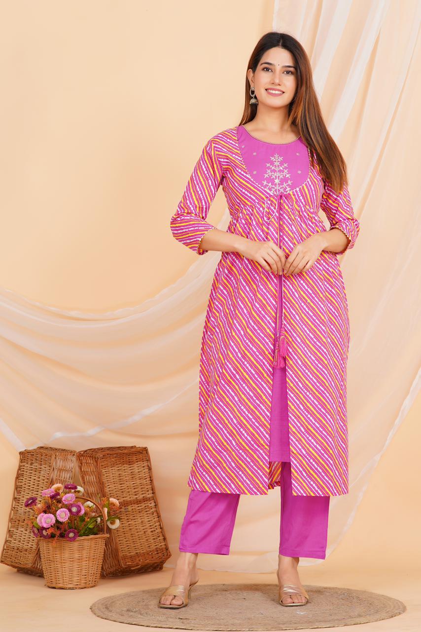 Pink Shrug Lehariya Embroidery Kurta Set