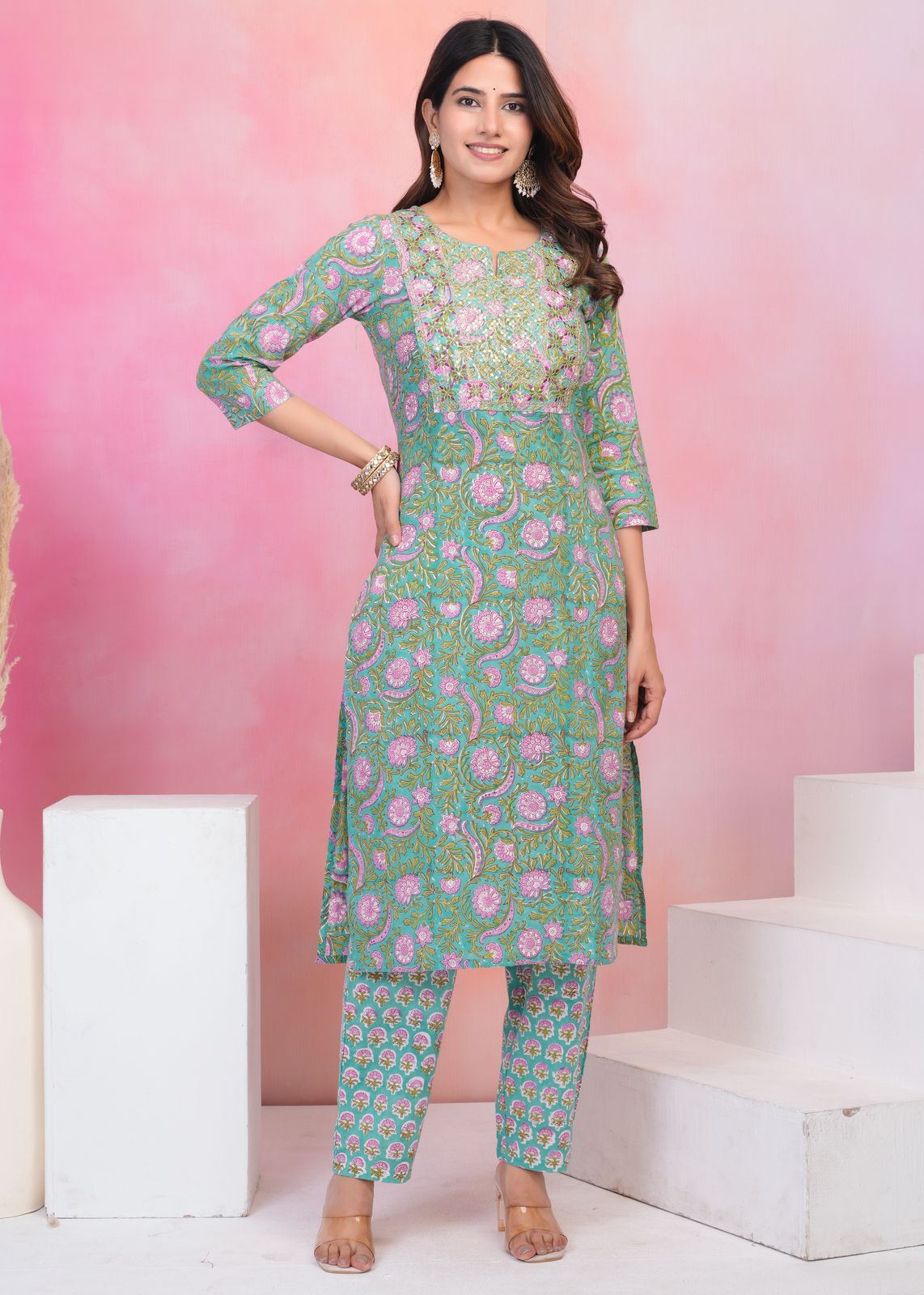Teal Garden Embroidery Kurta Pant Set