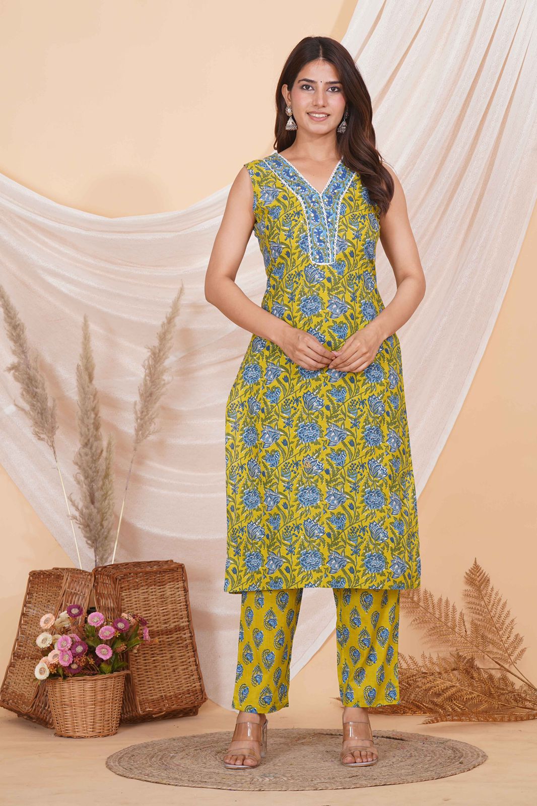 Neon Blue Floral Sleeveless Kurta Pant Set