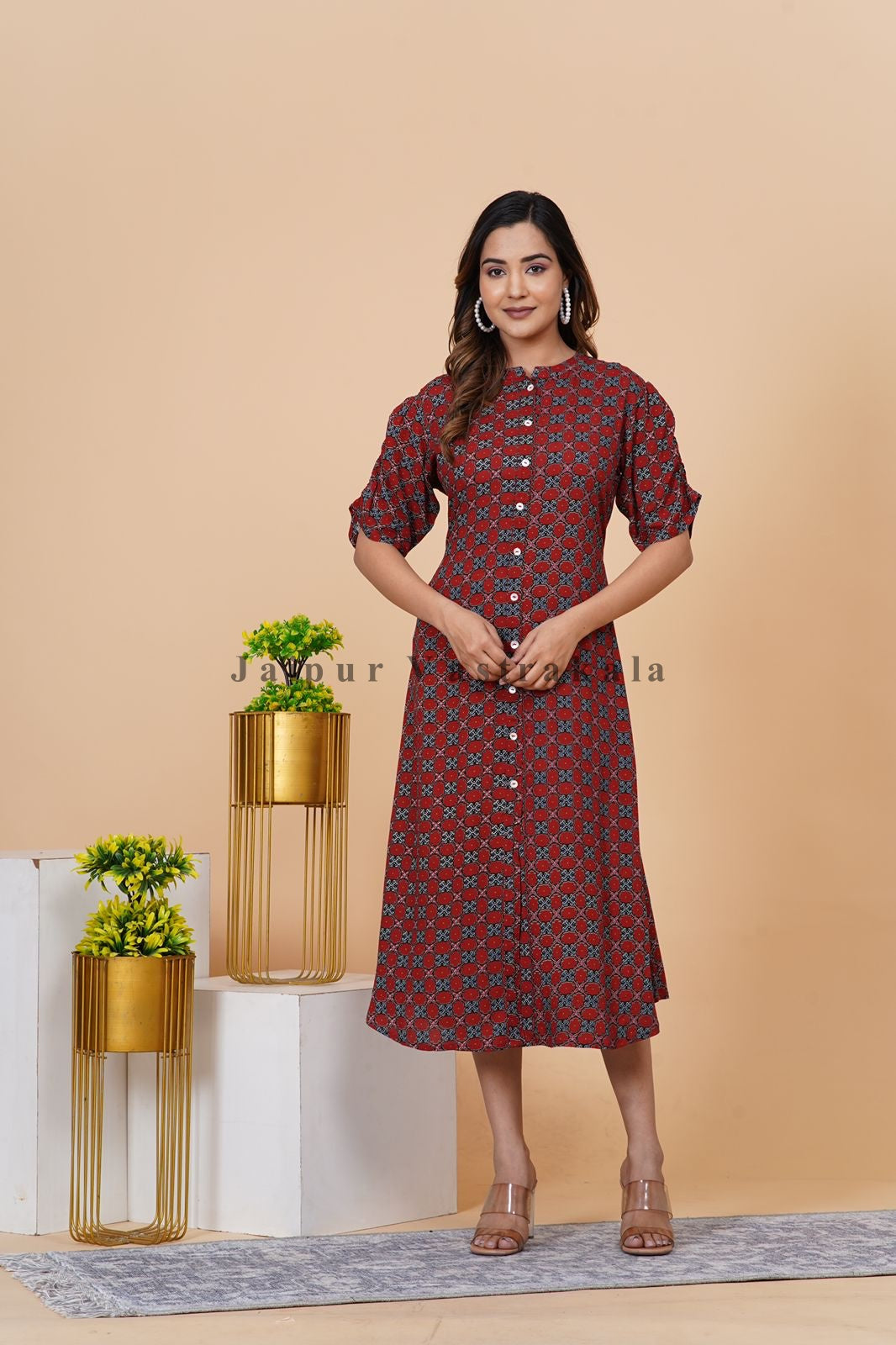 Maroon Block Geometery Rayon Midi Dress jaipurvastrakala