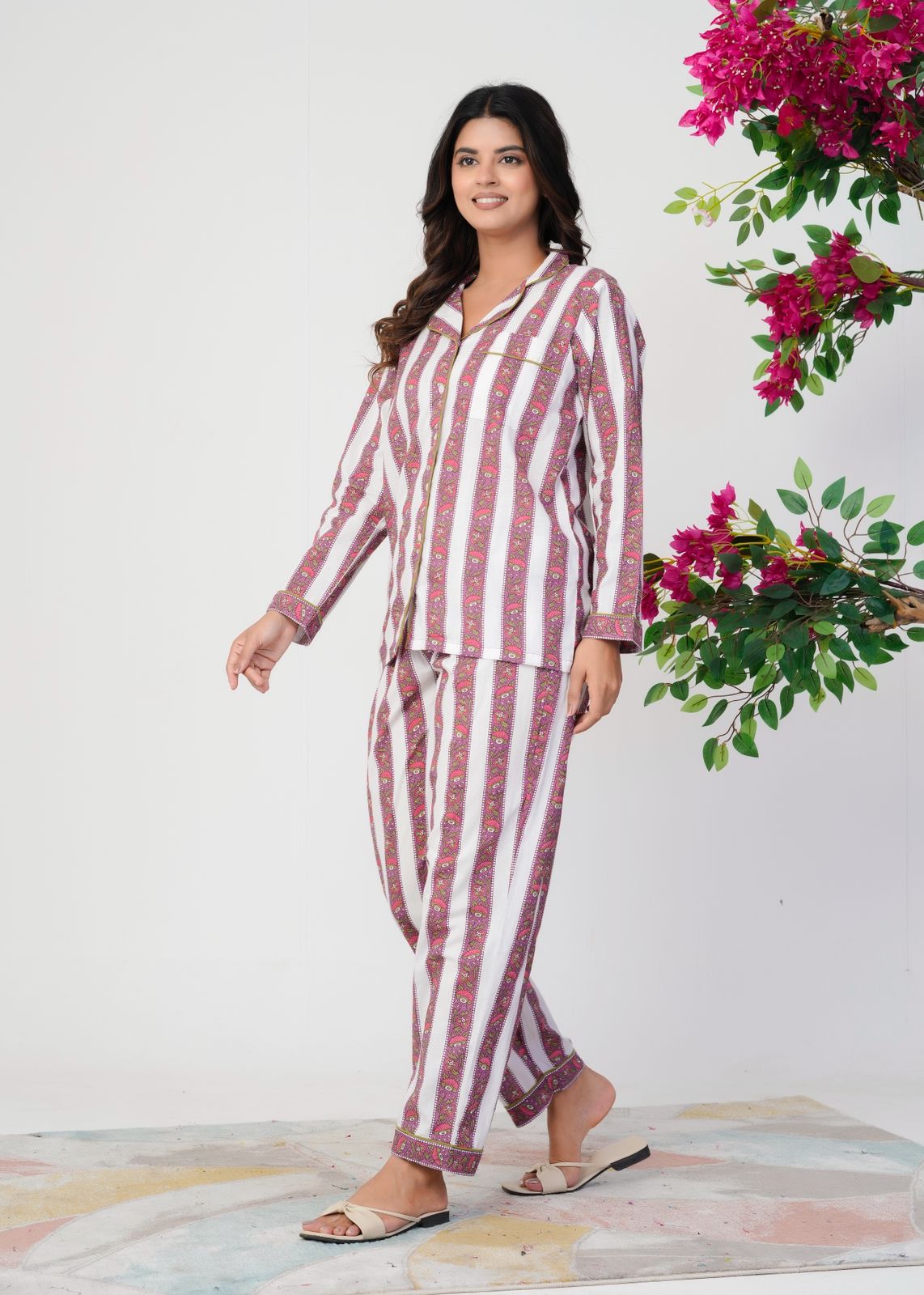 Mauve Petal Stripes Night Wear Set