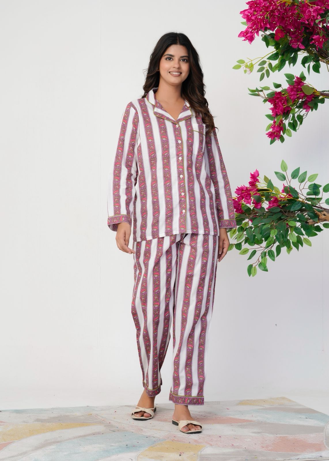Mauve Petal Stripes Night Wear Set