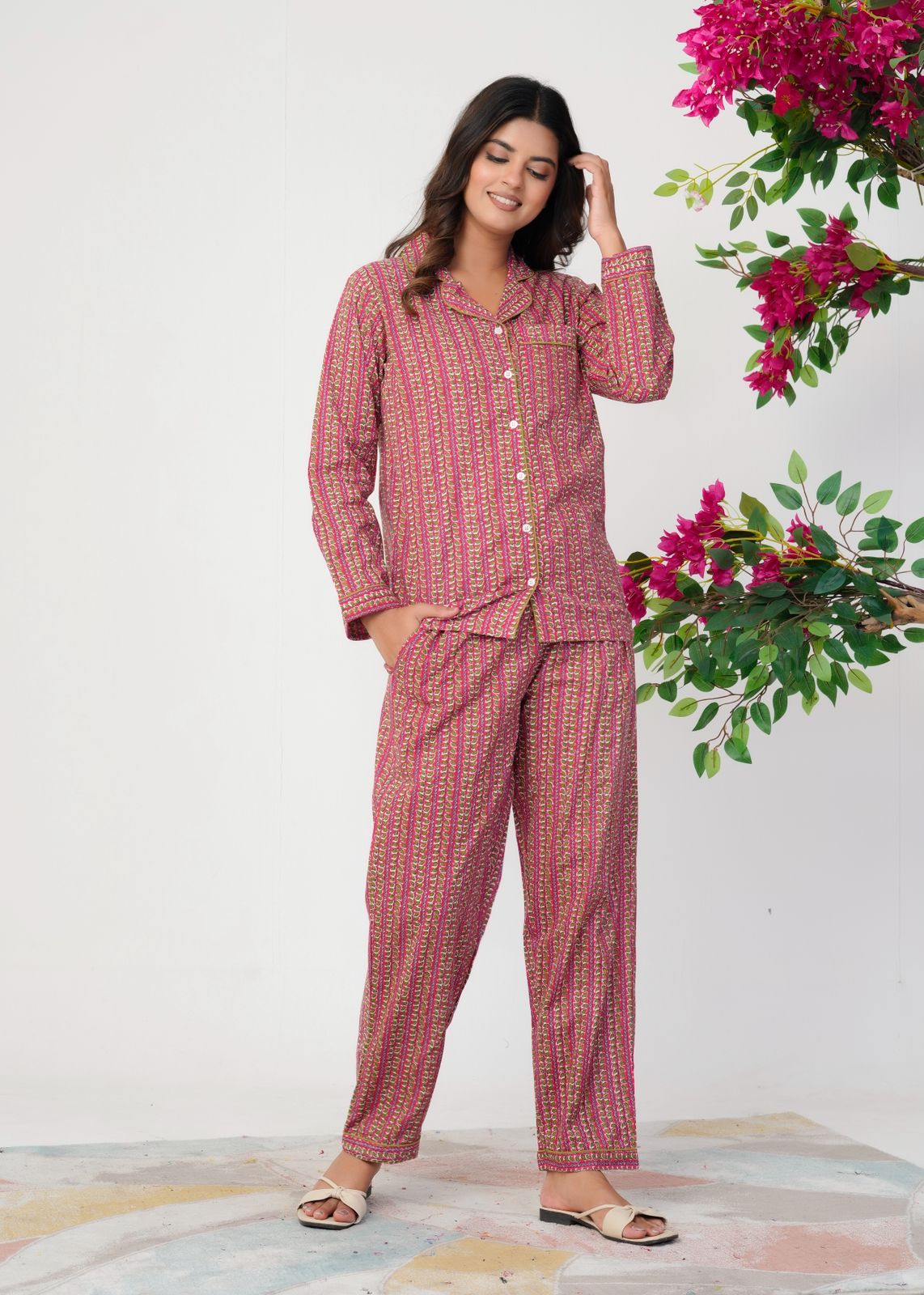 Dark Pink Leafline Night Wear Set