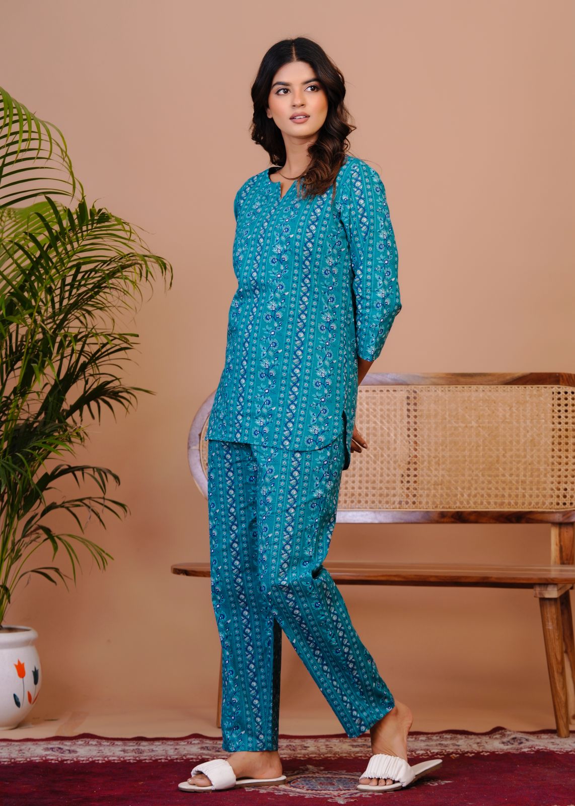 Dark Teal Stripes Night Wear Set