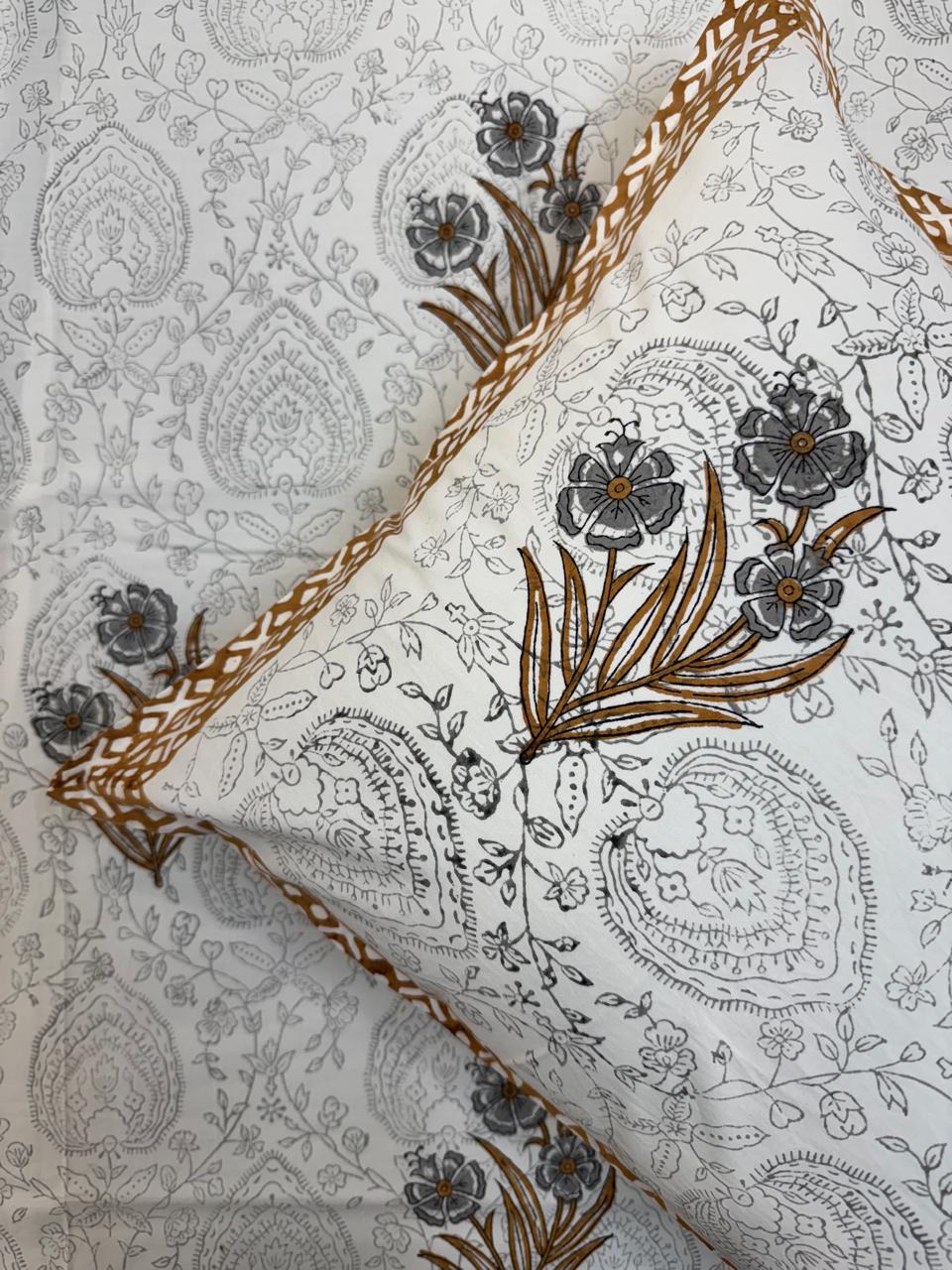 Percale Cotton Grey Mustard Boota Double Bedsheet