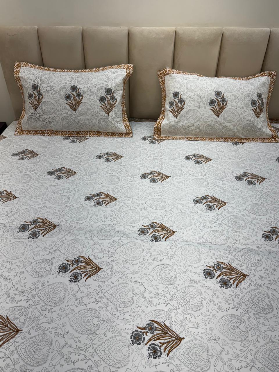 Percale Cotton Grey Mustard Boota Double Bedsheet