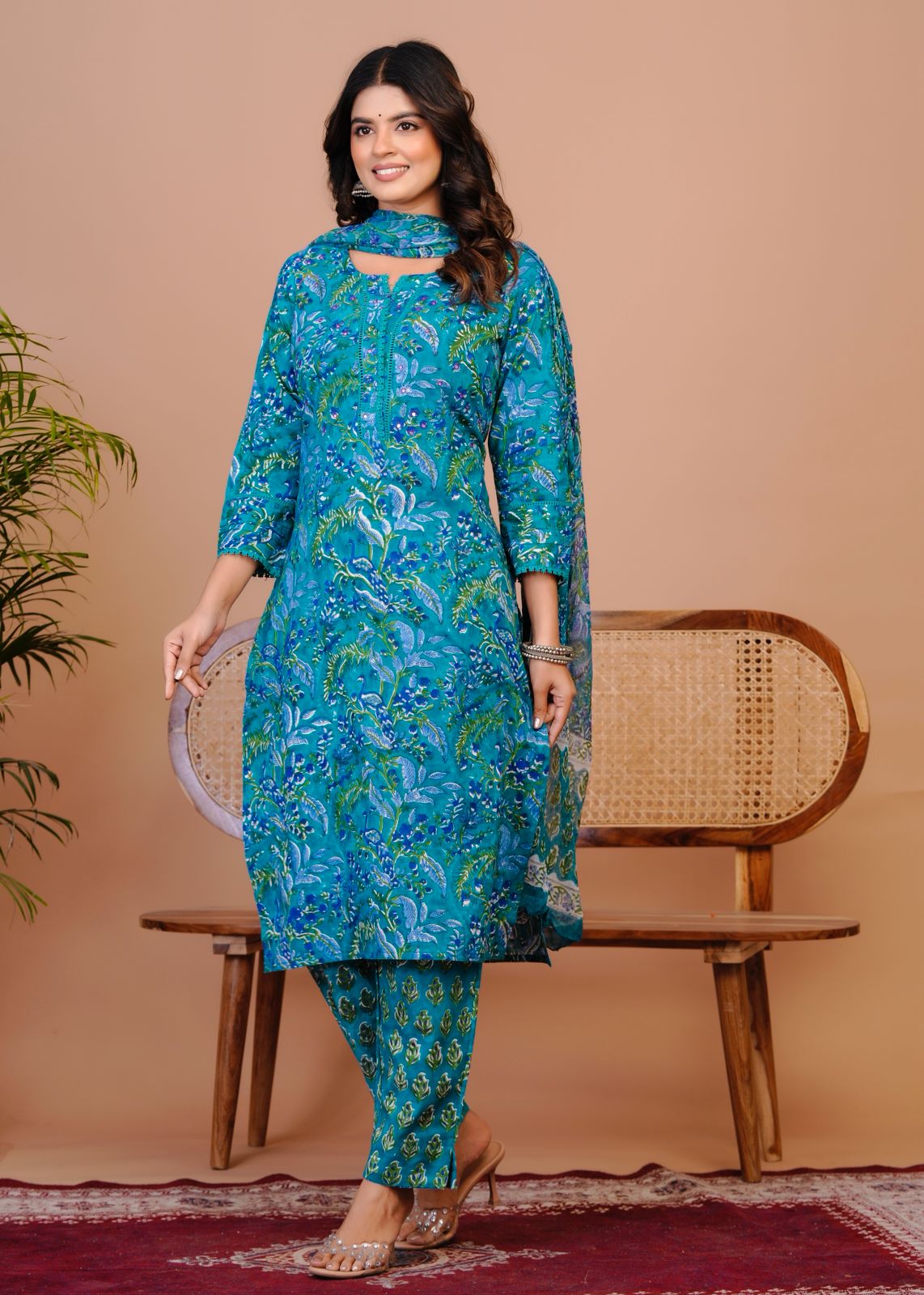 Peacock Blue Pakistani Lace Chiffon Dupatta Suit