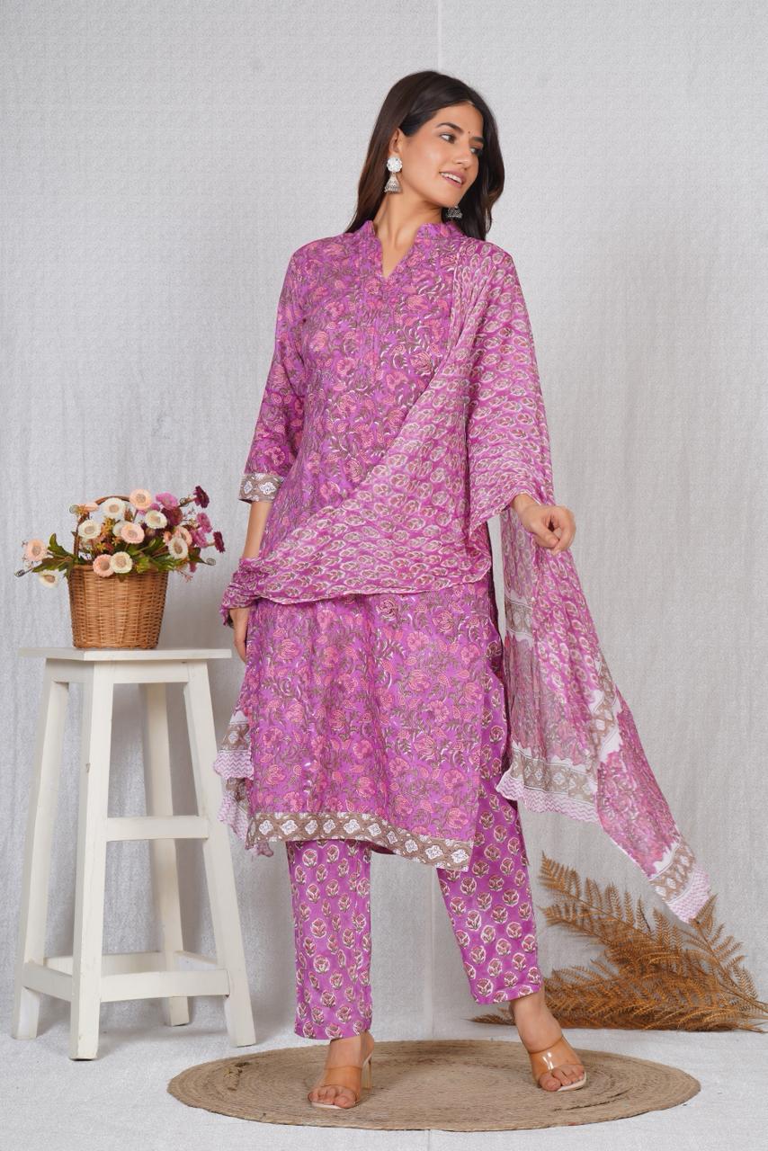 hand block printed kurta set with dupatta