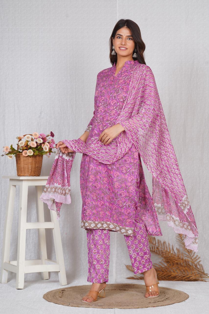hand block printed kurta set with dupatta