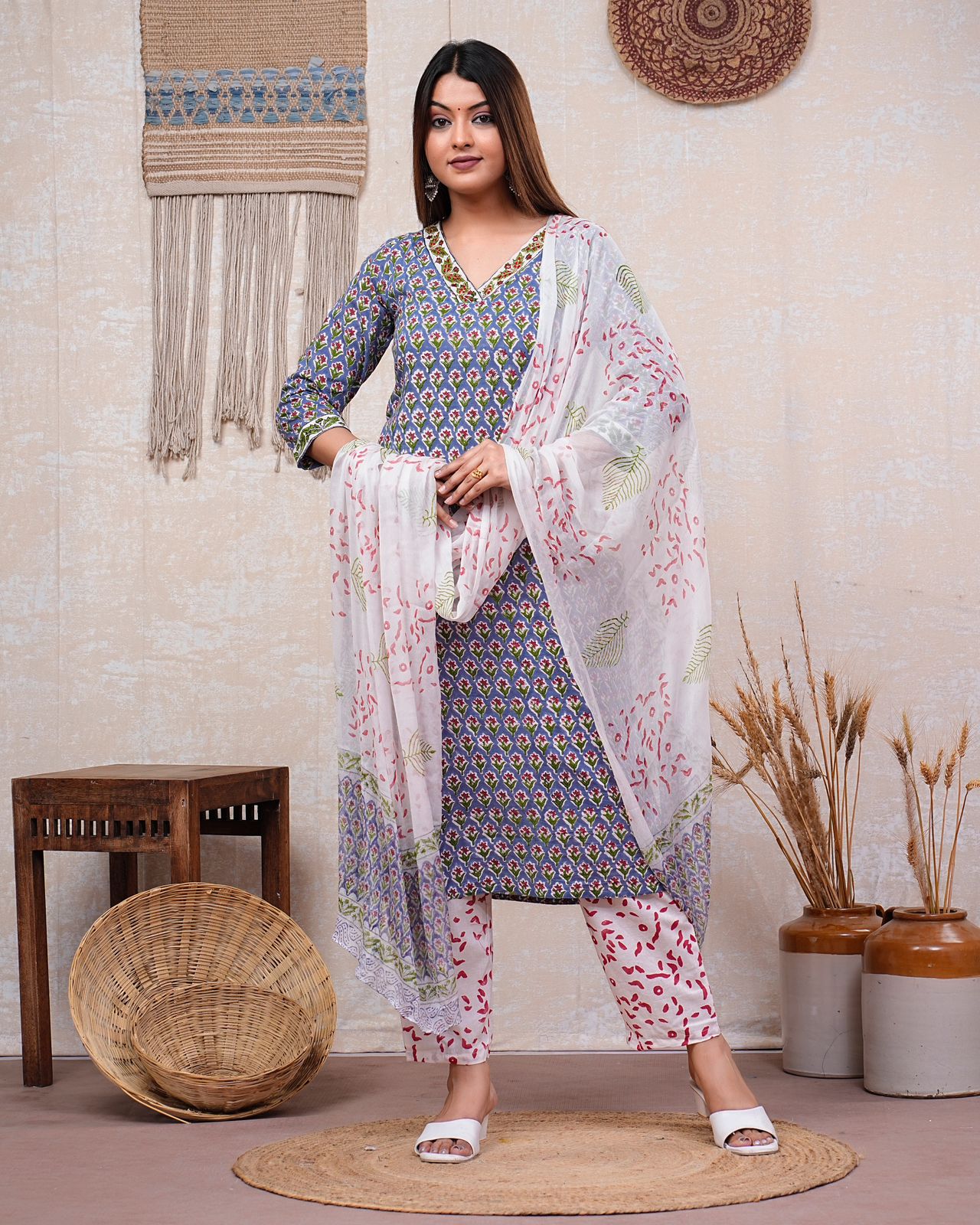 hand block printed kurta set with dupatta