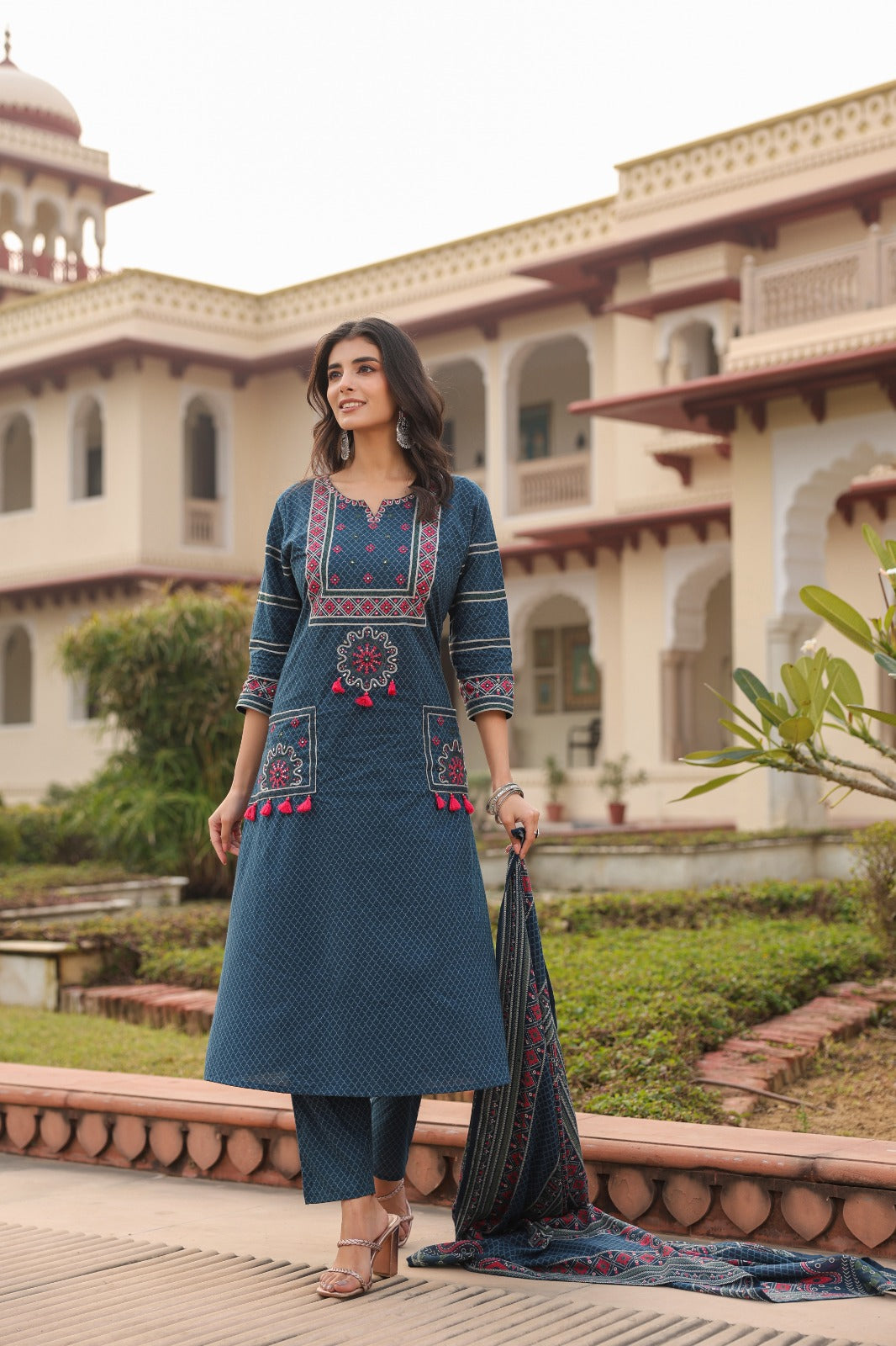 Blue Vatika Cotton Embroidery Dupatta Suit