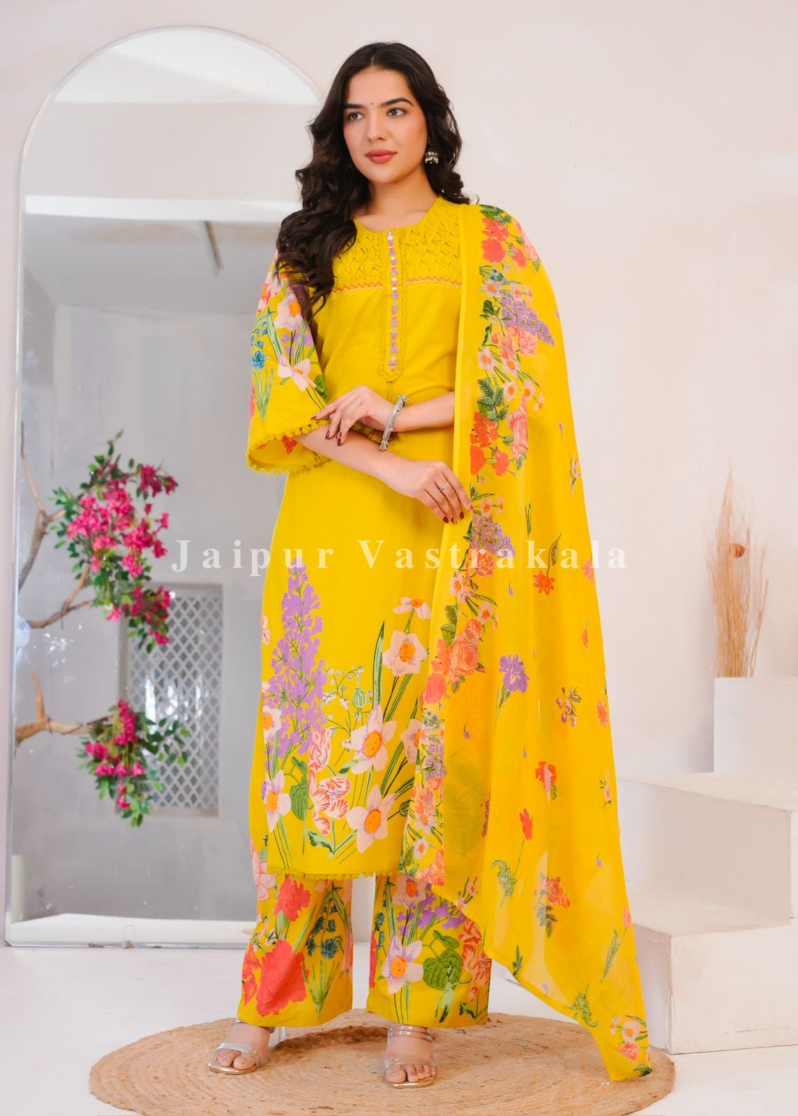 Yellow Wild Flower Cotton Dupatta Set