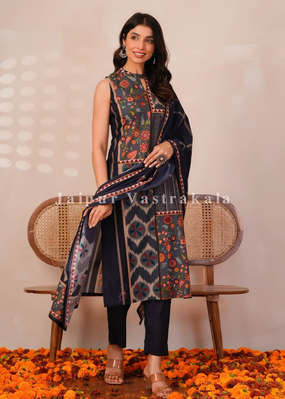 Blue Panel Print Sleeveless Cotton Suit